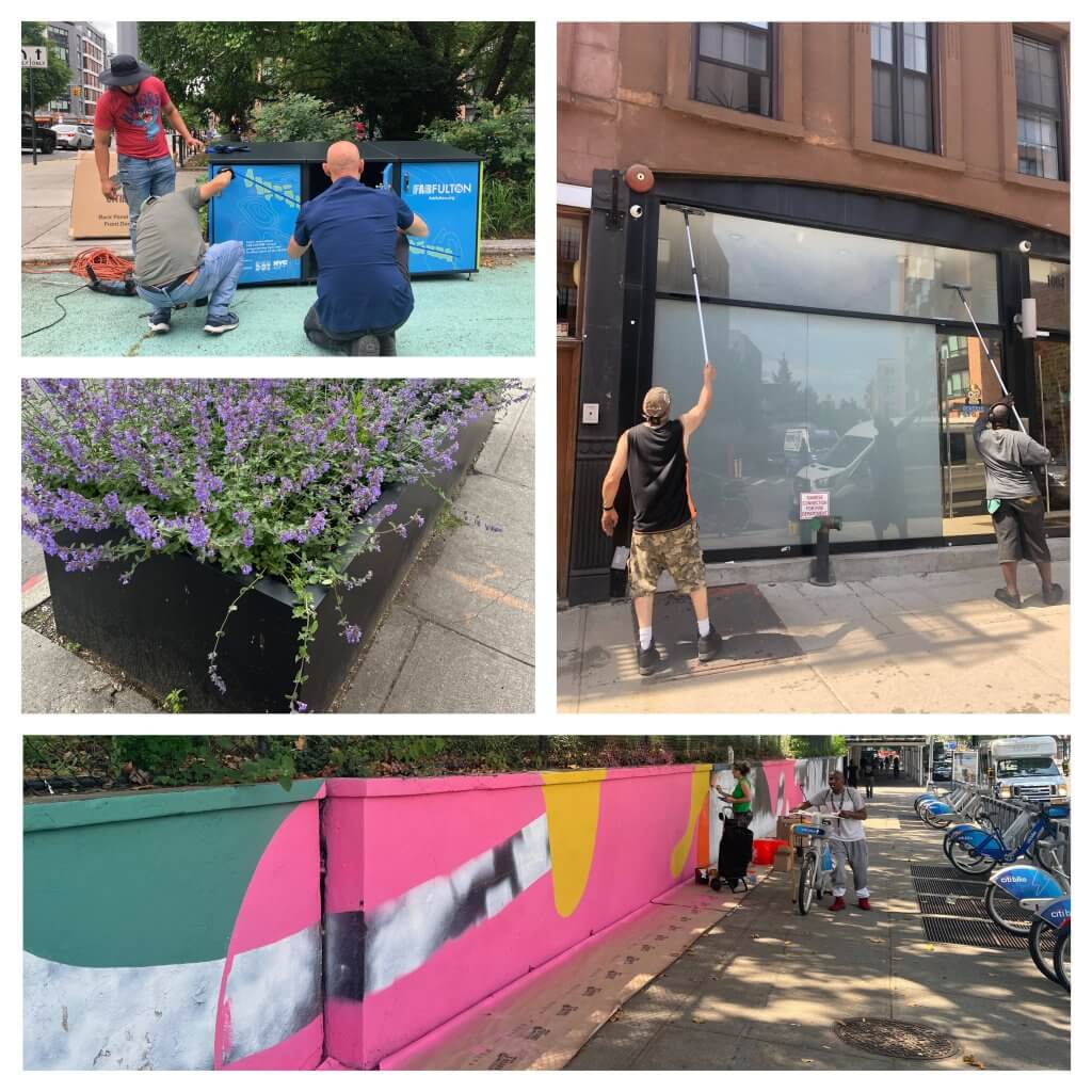 Various scenes from Fulton Street activities: window washing, mural being painted, storage box being installed, street planter with flowers